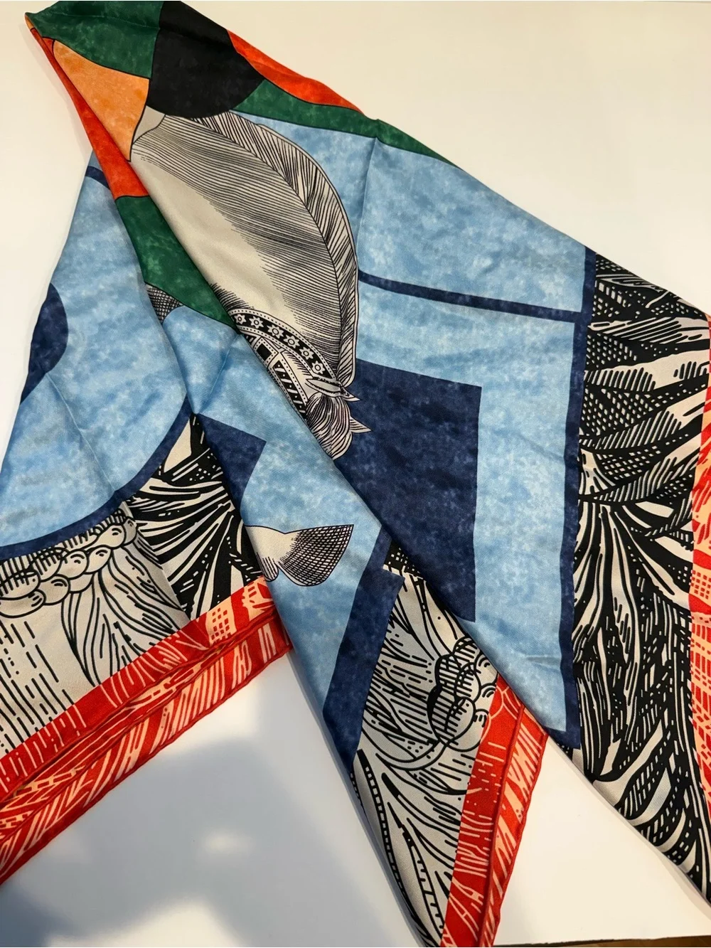 NEW Carolina Lemke Equestrian Azure Vines & Mane Silk Scarf Geometric Abstract